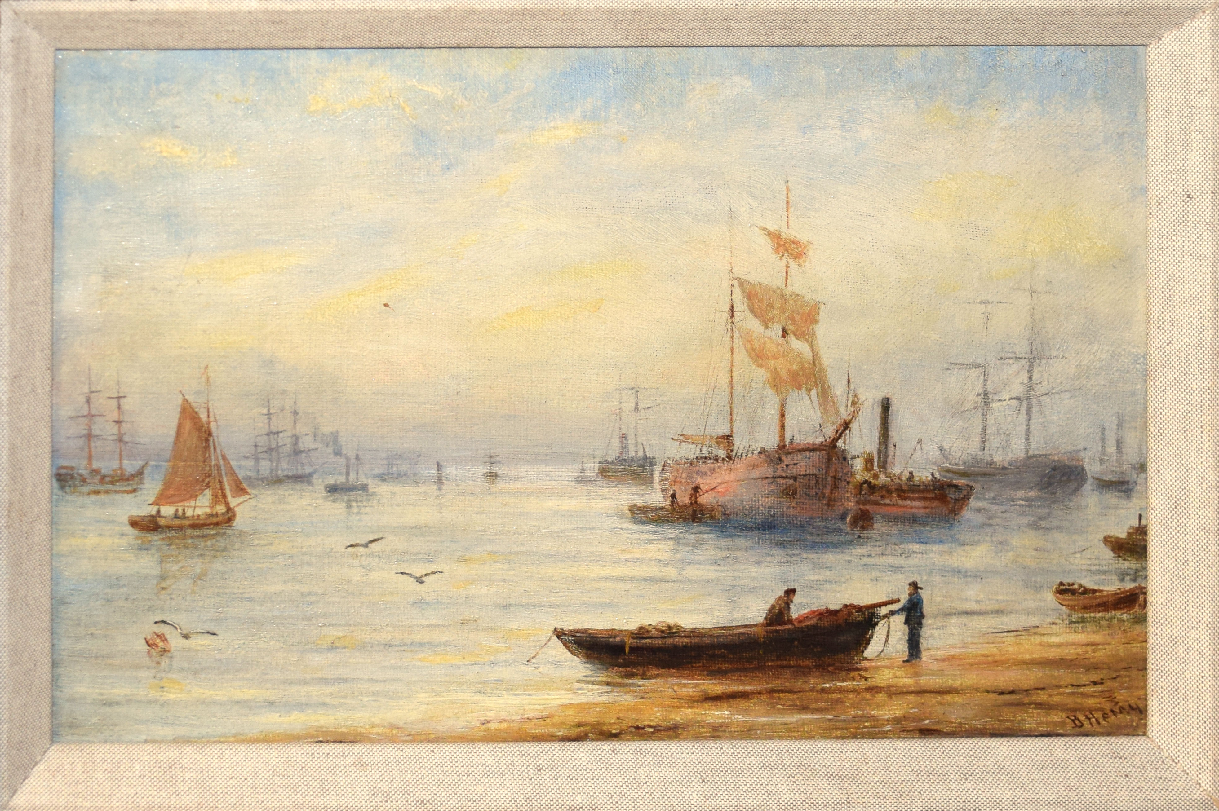 English School (19th century), Coastal scene with shipping, oil on canvas, bearing signature B