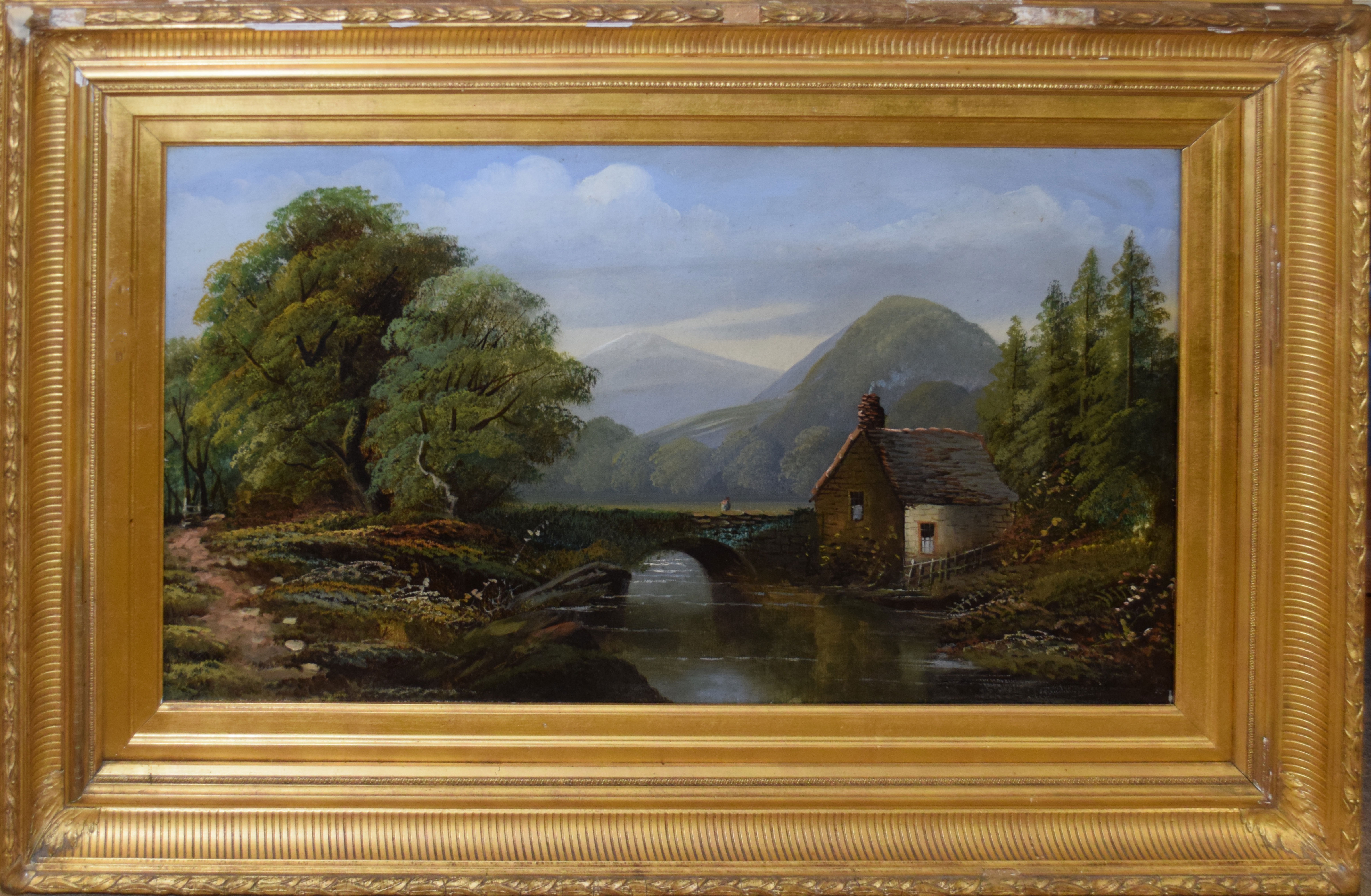 English School (19th century), River landscape with bridge and cottage, oil on canvas, 44 x 80cm