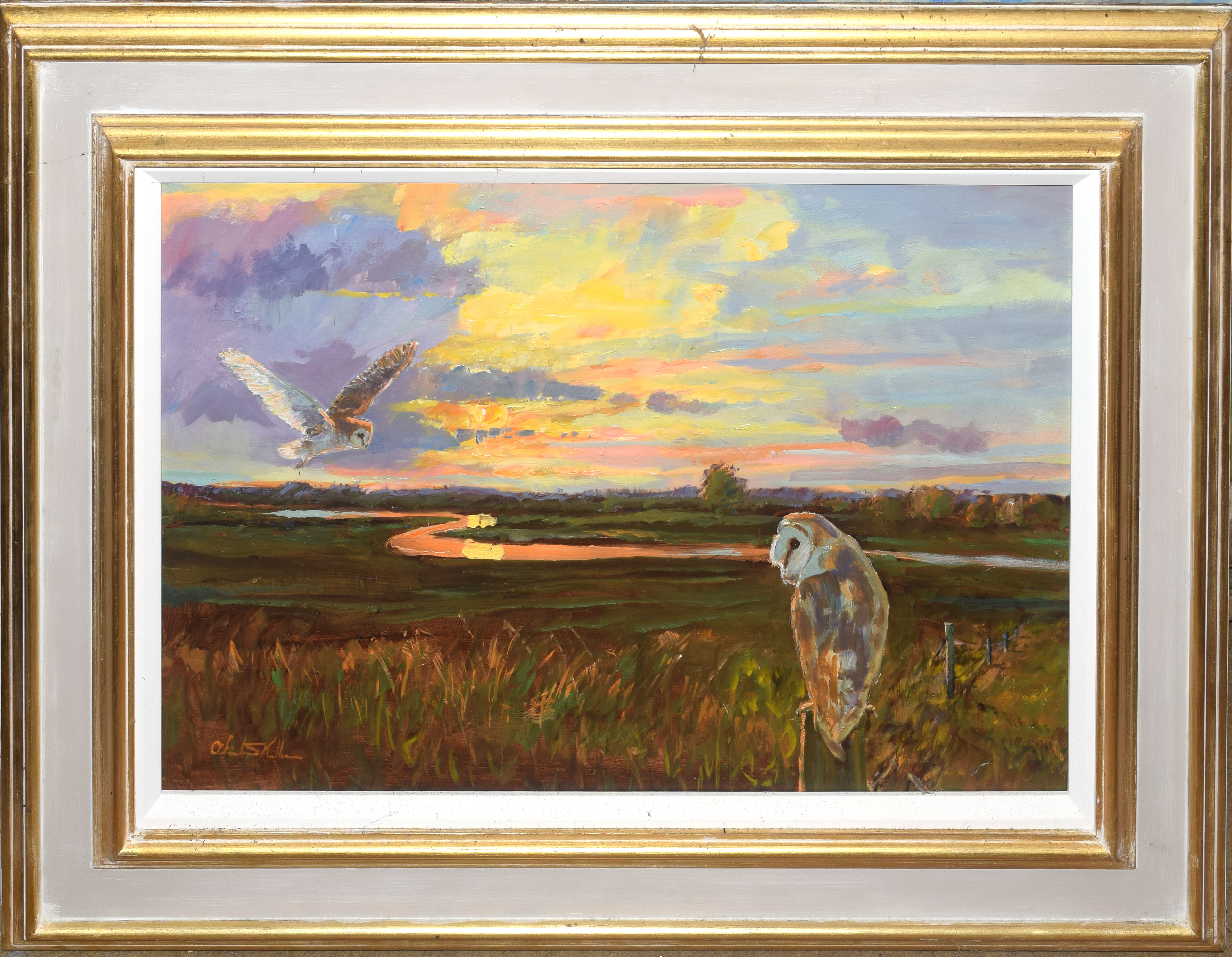 Alistair Kilburn, "Barn Owls at Dusk", oil on board, signed lower left, 38 x 58cm
