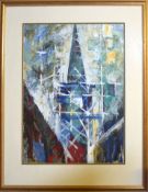 Modern British School (20th century), A cathedral spire, mixed media, 55 x 40cm