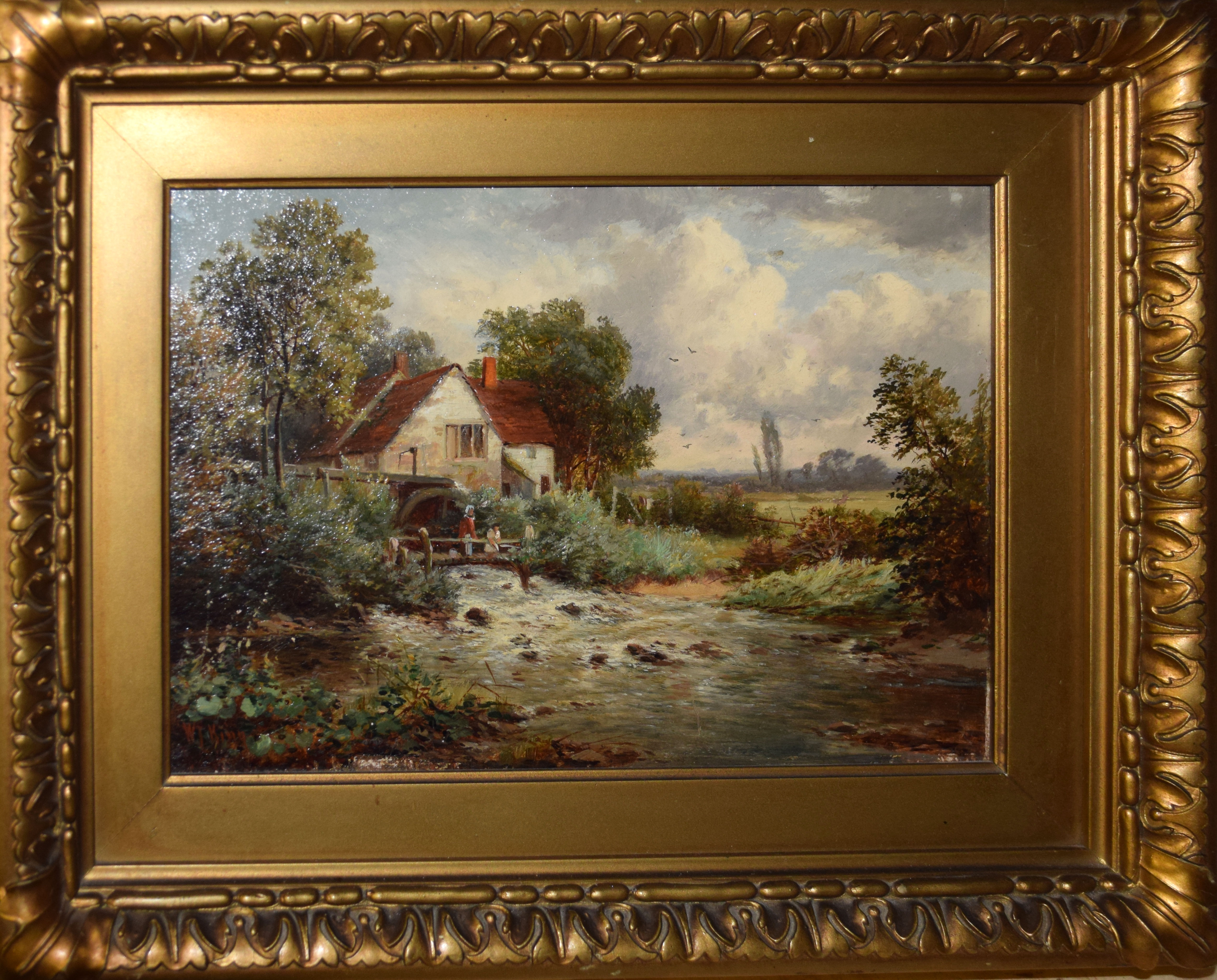 W J King, River landscape with figures by a Mill, oil on panel, signed lower left, 17 x 24cm