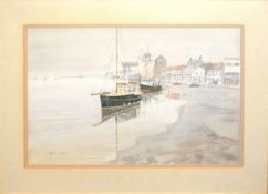 Freda Ward, Wells front, Norfolk 1958, watercolour, signed lower left, 35 x 54cm