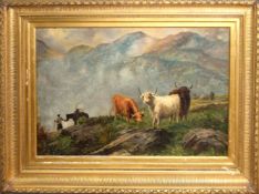 A Watts, Highland landscape with figure and cattle, oil on canvas, signed lower left, 50 x 75cm