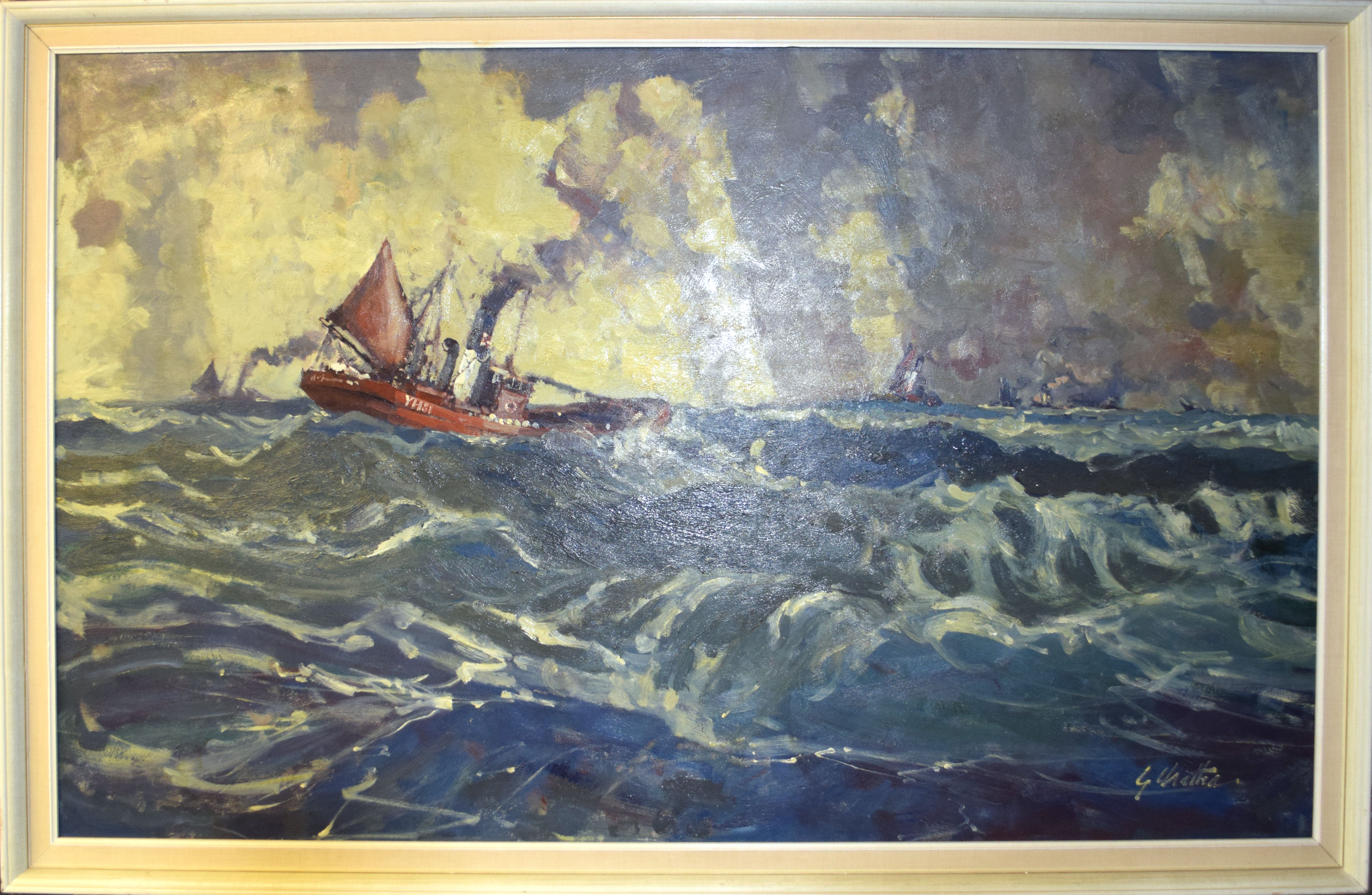 Geoffrey Chatten, Seascape with YH 81 at sea, oil on board, signed lower right, 74 x 120cm
