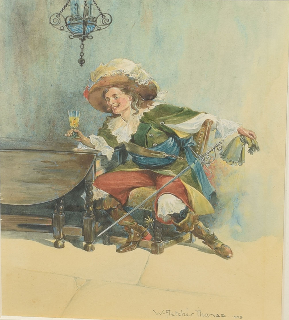 W Fletcher Thomas, Cavalier drinking, watercolour, signed and dated 1909, 23 x 16cm