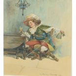 W Fletcher Thomas, Cavalier drinking, watercolour, signed and dated 1909, 23 x 16cm