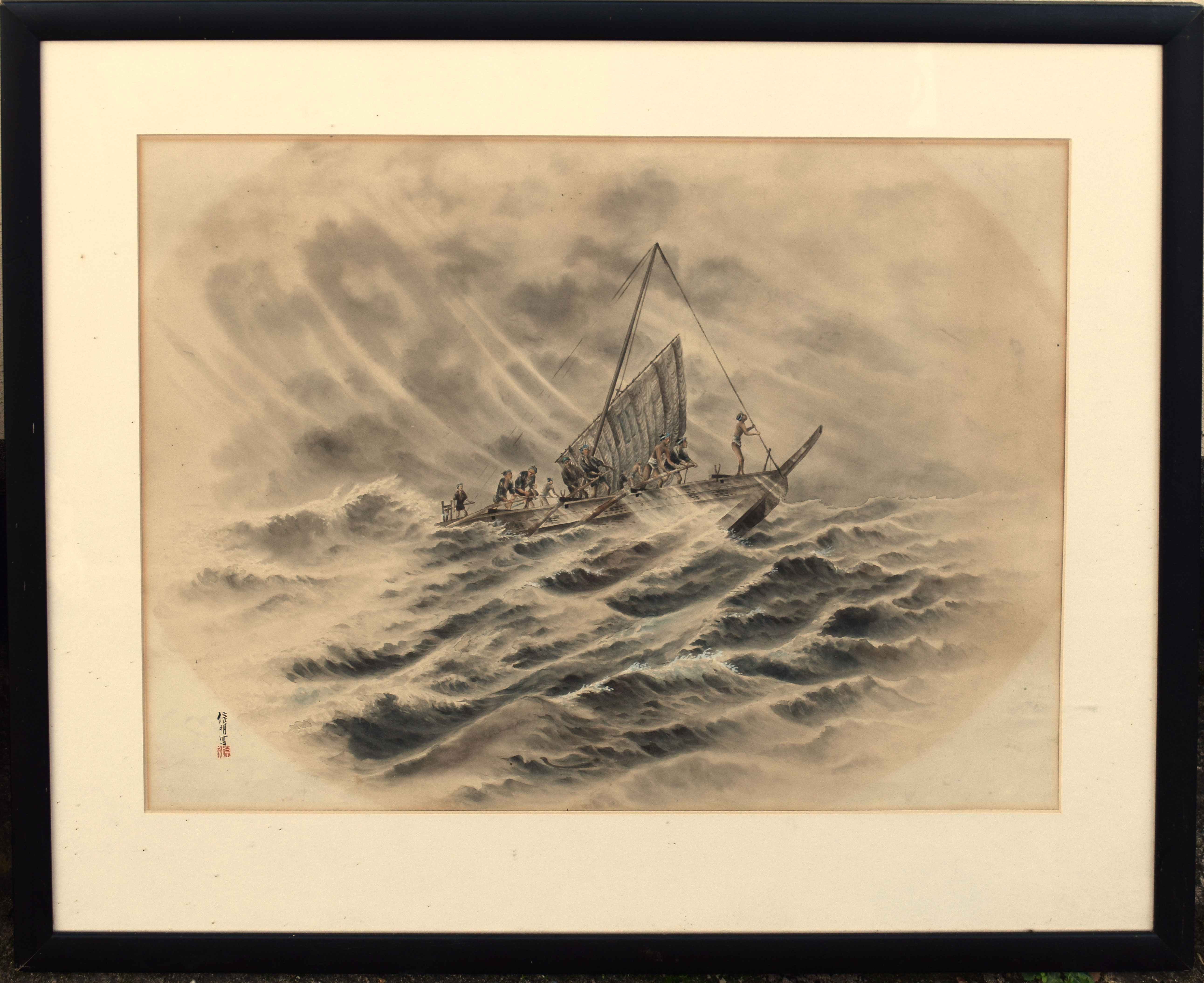 Japanese School (19th/20th century), Seascape with figures in a sailing boat, watercolour, signed