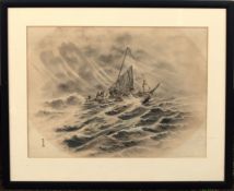 Japanese School (19th/20th century), Seascape with figures in a sailing boat, watercolour, signed