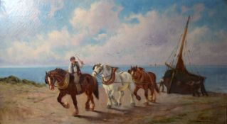 Charles W Oswald, Horses at work, pair of oils on canvas, both signed, 44 x 79cm (2)