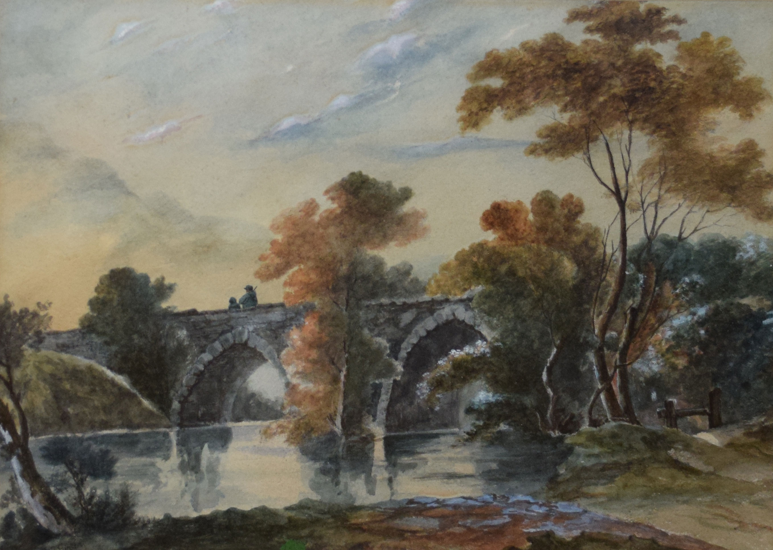 English School (19th century), River landscape with figures on a bridge, 25 x 35cm