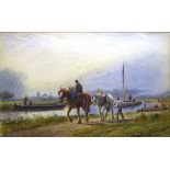 J MacPherson, River scene with workmen, horses and barges, watercolour, signed lower right, 14 x