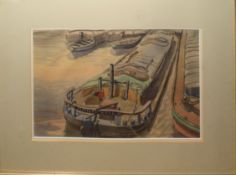 Attributed to Bernard Casson, Moored canal boat, Jupiter Hull, watercolour, 29 x 45cm