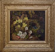 EA, Still Life study of flowers and birds nest on a mossy bank, oil on canvas, initialled and