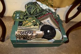 BOX CONTAINING VARIOUS CUSHIONS AND CURTAIN TIES ETC
