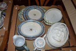 TRAY CONTAINING QUANTITY OF CHINA INCLUDING LATE 19TH CENTURY SERVING DISHES AND PLATES