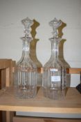 PAIR OF CUT GLASS DECANTERS, BOTH ENGRAVED WITH LEAF DECORATION