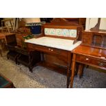 VICTORIAN TILE BACK AND MARBLE TOP WASH STAND, SINGLE FRIEZE DRAWER, 98CM WIDE