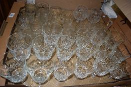 TRAY CONTAINING QUANTITY OF CUT GLASS WARES, WINE GLASSES, BRANDY BALLOONS ETC