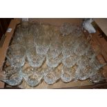 TRAY CONTAINING QUANTITY OF CUT GLASS WARES, WINE GLASSES, BRANDY BALLOONS ETC