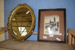 PRINT OF A EUROPEAN SCENE IN GILT FRAME, TOGETHER WITH A GILT MIRROR