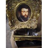 BOX CONTAINING GILT FRAMED PICTURES AND A MIRROR