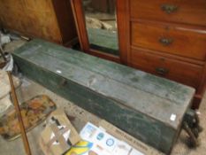 LARGE RECTANGULAR GREEN PAINTED PINE INSTRUMENT OR MACHINERY CASE, 183CM LONG