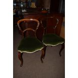 Pair of Victorian rosewood balloon back dining chairs with green upholstered seats and cabriole