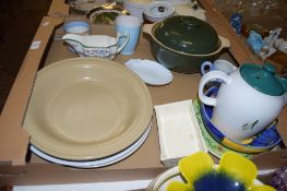 TRAY CONTAINING POTTERY ITEMS INCLUDING A TUREEN AND COVER AND A DENBY COFFEE POT AND COVER