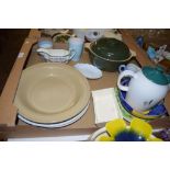 TRAY CONTAINING POTTERY ITEMS INCLUDING A TUREEN AND COVER AND A DENBY COFFEE POT AND COVER