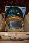 BOX CONTAINING VARIOUS SERVING TRAYS INCLUDING TWO LACQUER TRAYS WITH FLORAL DECORATION