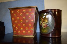 TWO WASTEPAPER BASKETS, EACH WITH PAINTED DETAIL