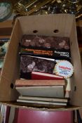 BOX CONTAINING QUANTITY OF SOFTBACK BOOKS AND PRINTS INCLUDING SOME STAMP ALBUMS