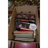 BOX CONTAINING QUANTITY OF SOFTBACK BOOKS AND PRINTS INCLUDING SOME STAMP ALBUMS