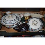 TRAY OF CERAMIC ITEMS INCLUDING TWO TUREENS, SUGAR BOWL AND VARIOUS CUPS AND SAUCERS