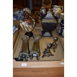 PAIR OF METAL CANDLESTICKS, PAIR OF BRONZE EFFECT VASES AND A PLASTER BUST OF A MOOR