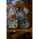 TRAY CONTAINING BLUE AND WHITE WARES, MAINLY SERVING DISHES AND COVERS