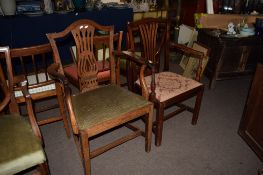 Oak Hepplewhite style carver chair with green upholstered seat and a further Chippendale mahogany