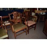 Oak Hepplewhite style carver chair with green upholstered seat and a further Chippendale mahogany