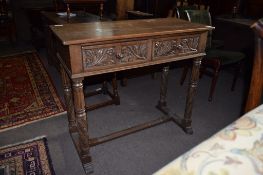 Oak two-drawer side table^ raised on fluted and wrythen supports joined below by an |H| stretcher^