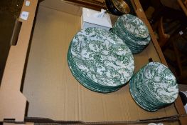 GREEN GLAZED SPODE DINNER WARES INCLUDING PLATES, BOWLS AND SIDE PLATES