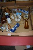 GROUP OF POTTERY ITEMS AND GLASS WARE INCLUDING SOME GOSS TYPE VASES AND A SMALL IRONSTONE JUG