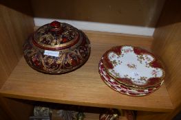 FRENCH PORCELAIN PLATES AND WOODEN BOWL AND COVER