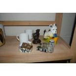 CERAMIC ITEMS INCLUDING TWO SMALL MODELS OF COTTAGES AND TWO GOSS STYLE CUPS