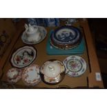 TRAY CONTAINING QUANTITY OF CERAMIC TEA WARES INCLUDING A ROYAL ALBERT MOSS ROSE TEA POT AND OTHER