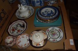 TRAY CONTAINING QUANTITY OF CERAMIC TEA WARES INCLUDING A ROYAL ALBERT MOSS ROSE TEA POT AND OTHER