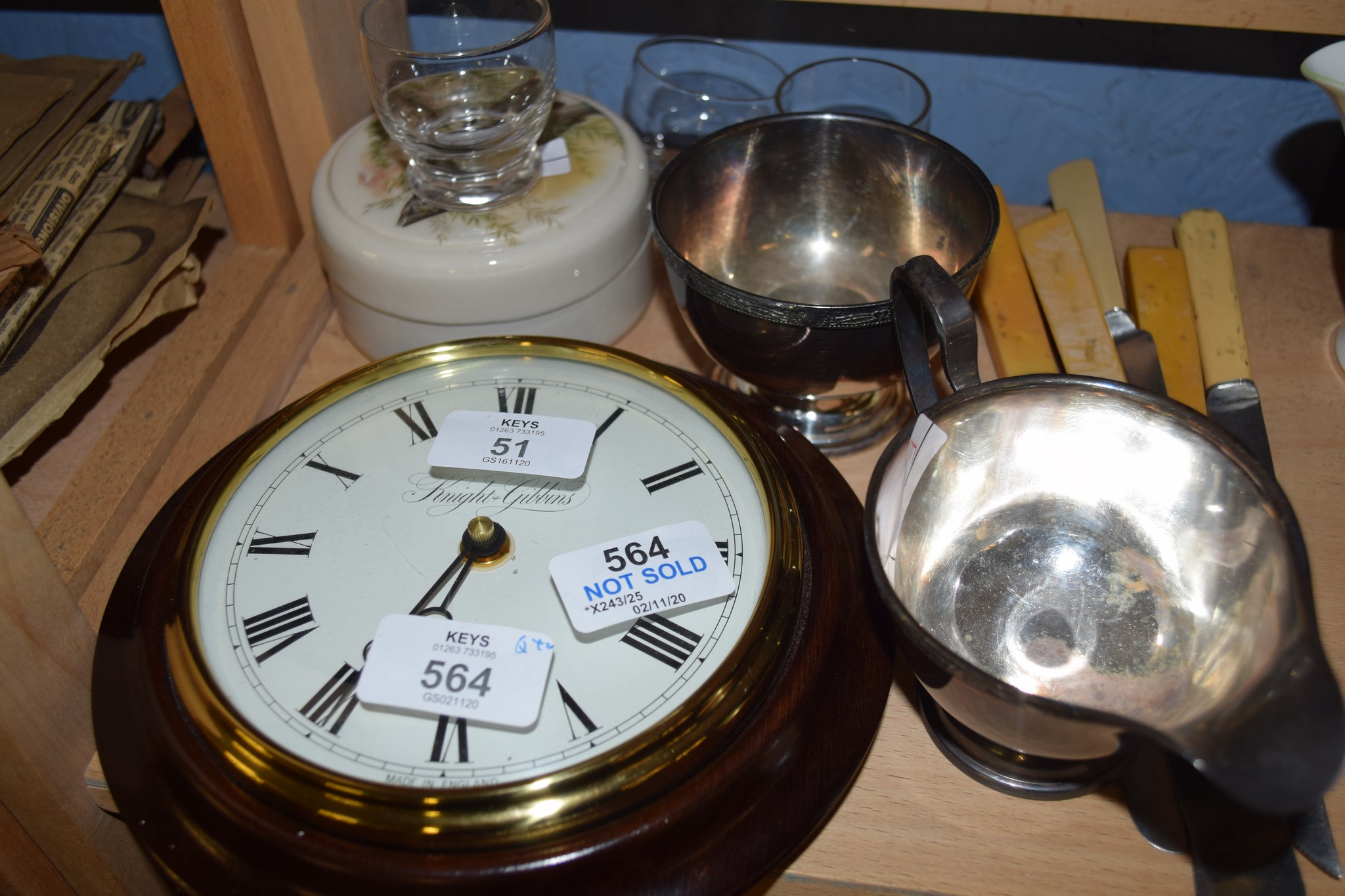 WALL CLOCK AND TWO PLATED JUG AND BOWL