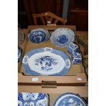 TRAY CONTAINING LARGE BLUE AND WHITE PLATTER, PAIR OF BLUE AND WHITE AND GILT VASES AND COVERS
