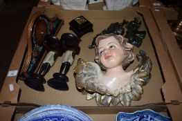 TRAY CONTAINING A PLASTER MODEL OF AN ANGEL’S FACE, TWO METAL SERVING FIGURES