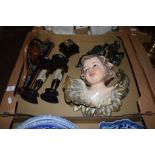 TRAY CONTAINING A PLASTER MODEL OF AN ANGEL’S FACE, TWO METAL SERVING FIGURES