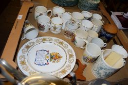 TRAY CONTAINING COMMEMORATIVE MUGS INCLUDING A DOULTON VICTORIA BEAKER AND AN AYNSLEY PLATE
